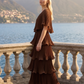 Limsa Club Astra V-Neck Pleated Evening Gown in Brown — side view