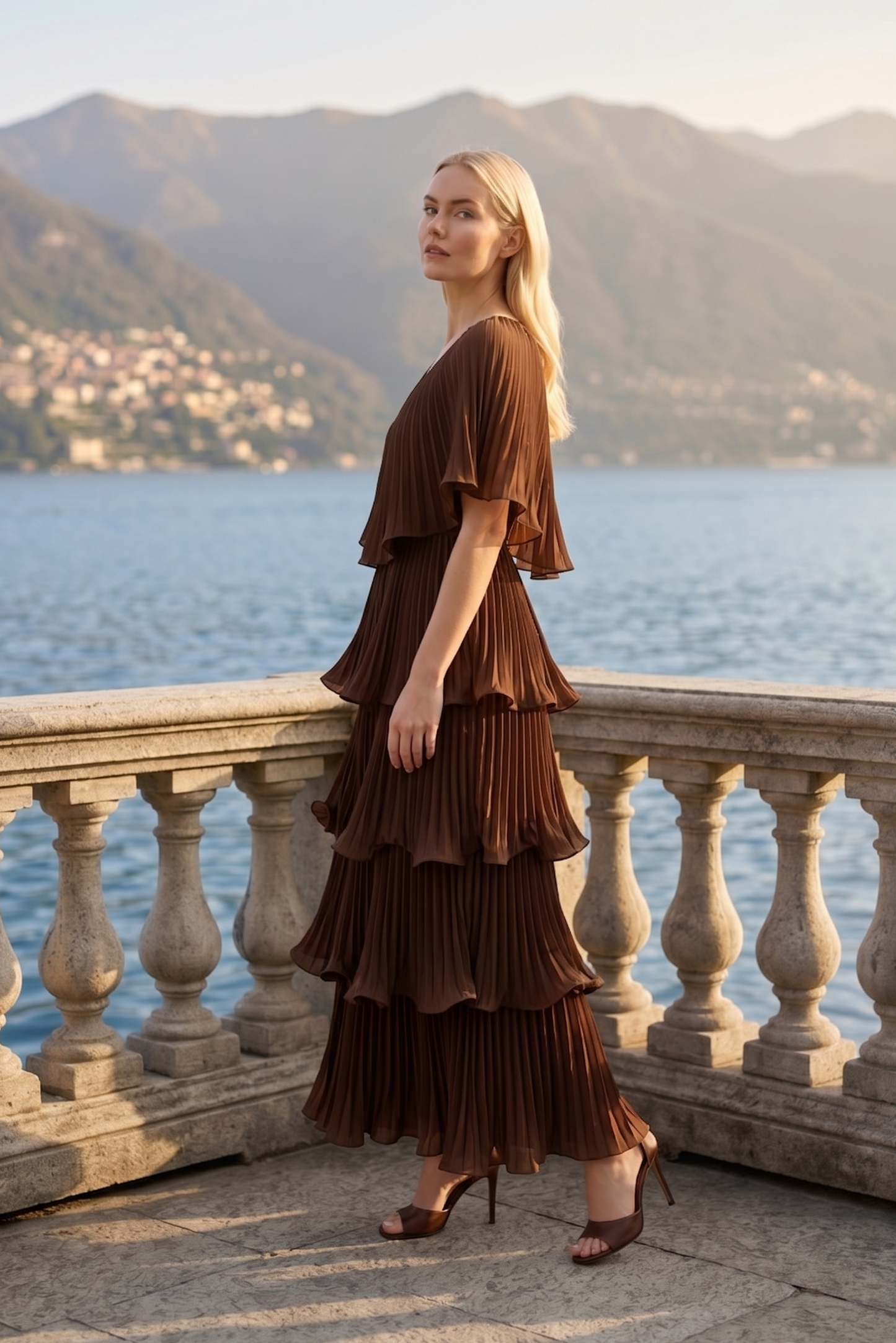 Limsa Club Astra V-Neck Pleated Evening Gown in Brown — side view