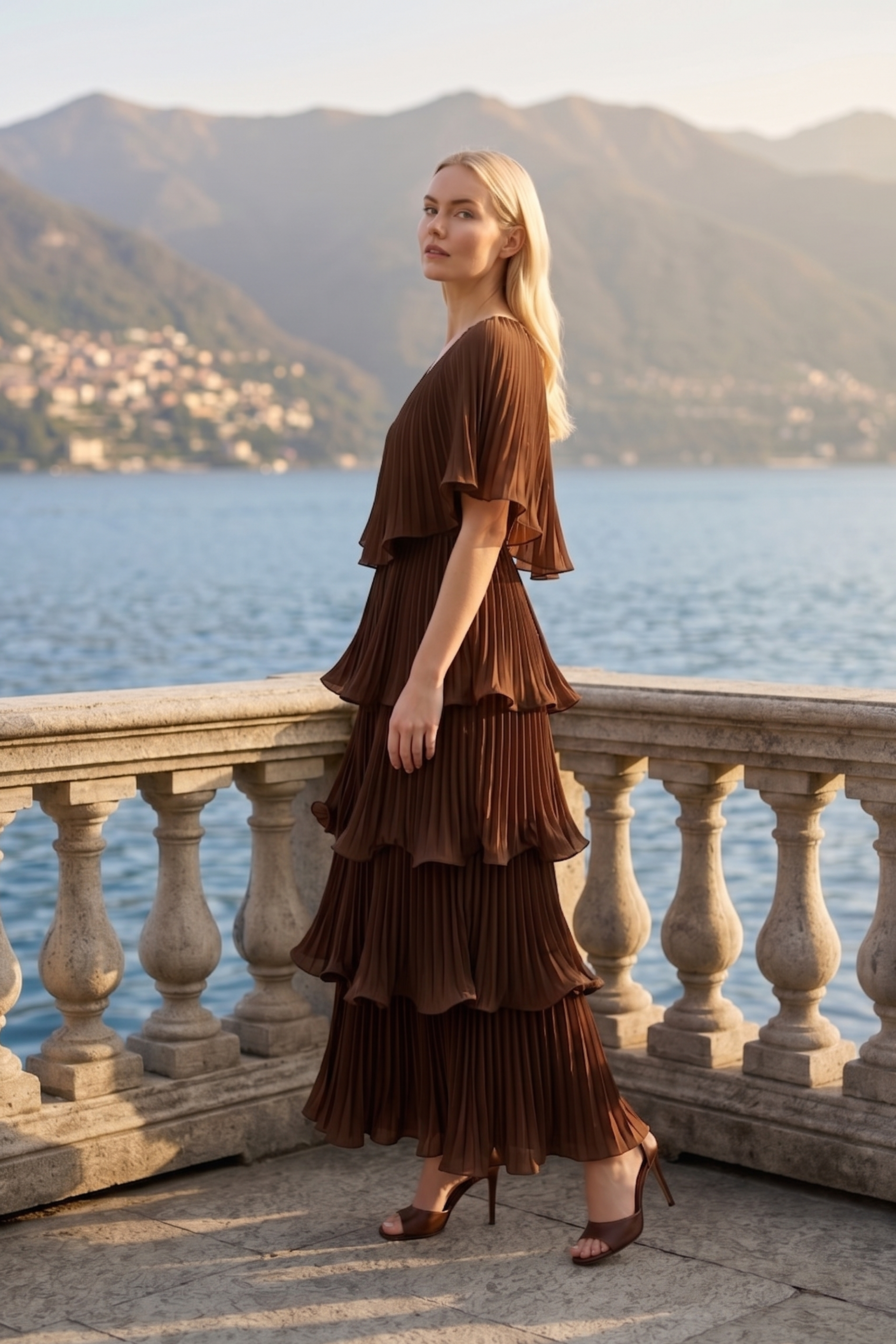 Limsa Club Astra V-Neck Pleated Evening Gown in Brown — side view
