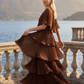 Limsa Club Astra V-Neck Pleated Evening Gown in Brown — back view
