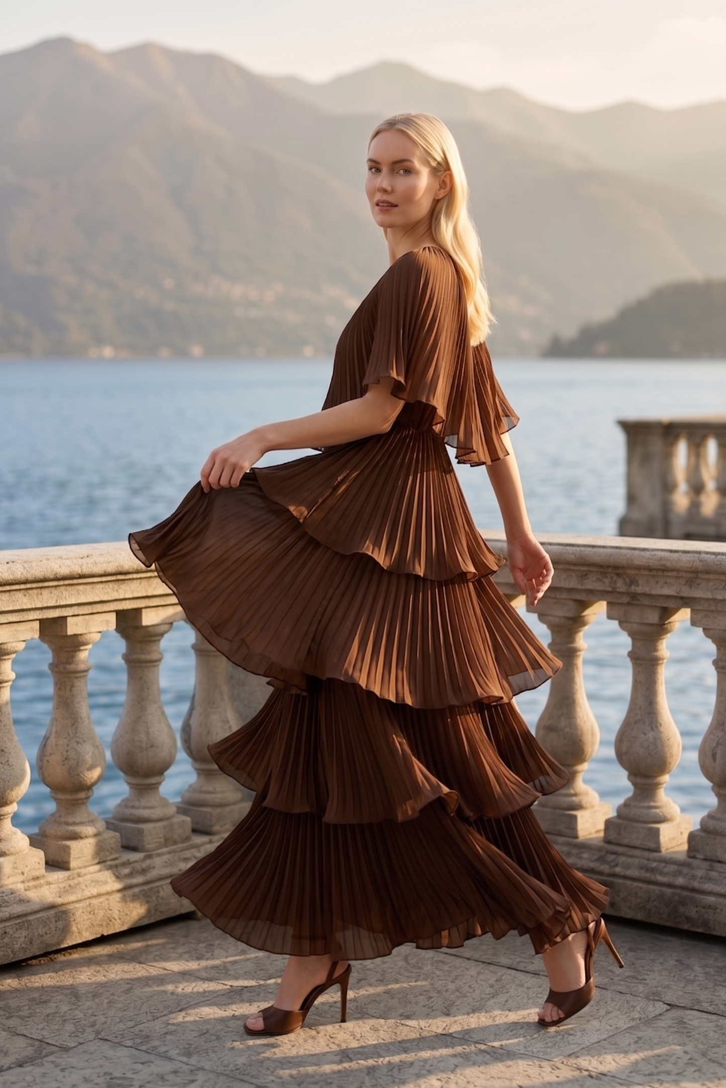 Limsa Club Astra V-Neck Pleated Evening Gown in Brown — back view