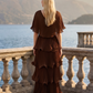 Limsa Club Astra V-Neck Pleated Evening Gown in Brown — detail view