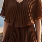 Limsa Club Astra V-Neck Pleated Evening Gown in Brown — full-length view