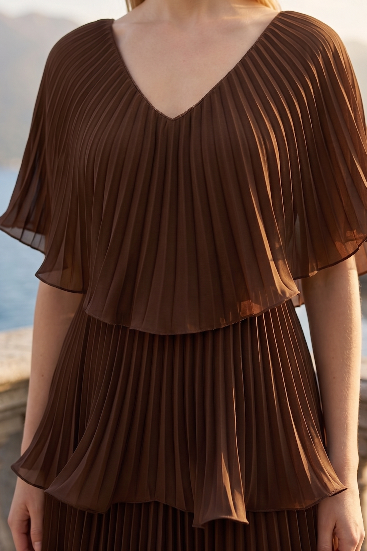 Limsa Club Astra V-Neck Pleated Evening Gown in Brown — full-length view