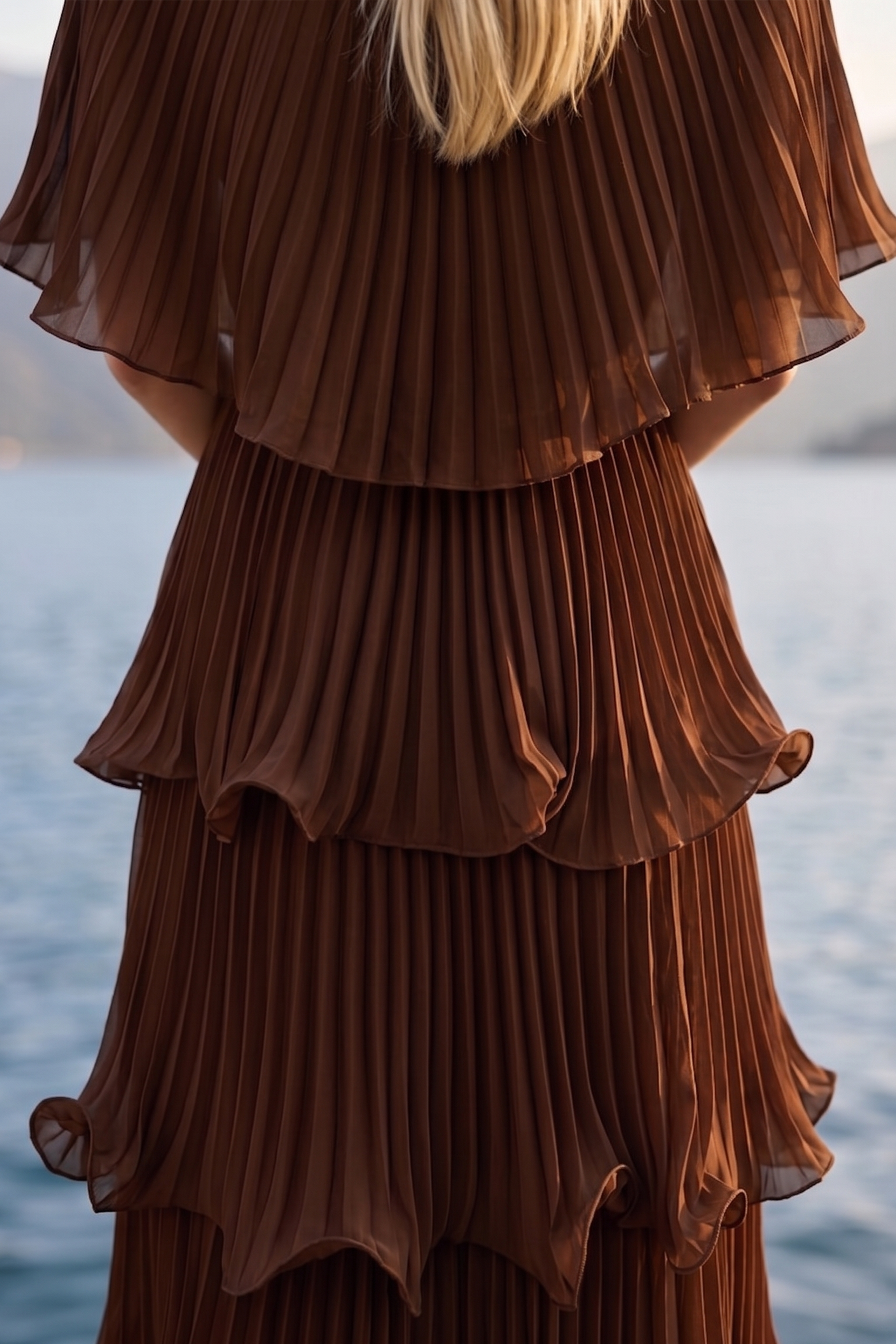 Limsa Club Astra V-Neck Pleated Evening Gown in Brown — close-up detail