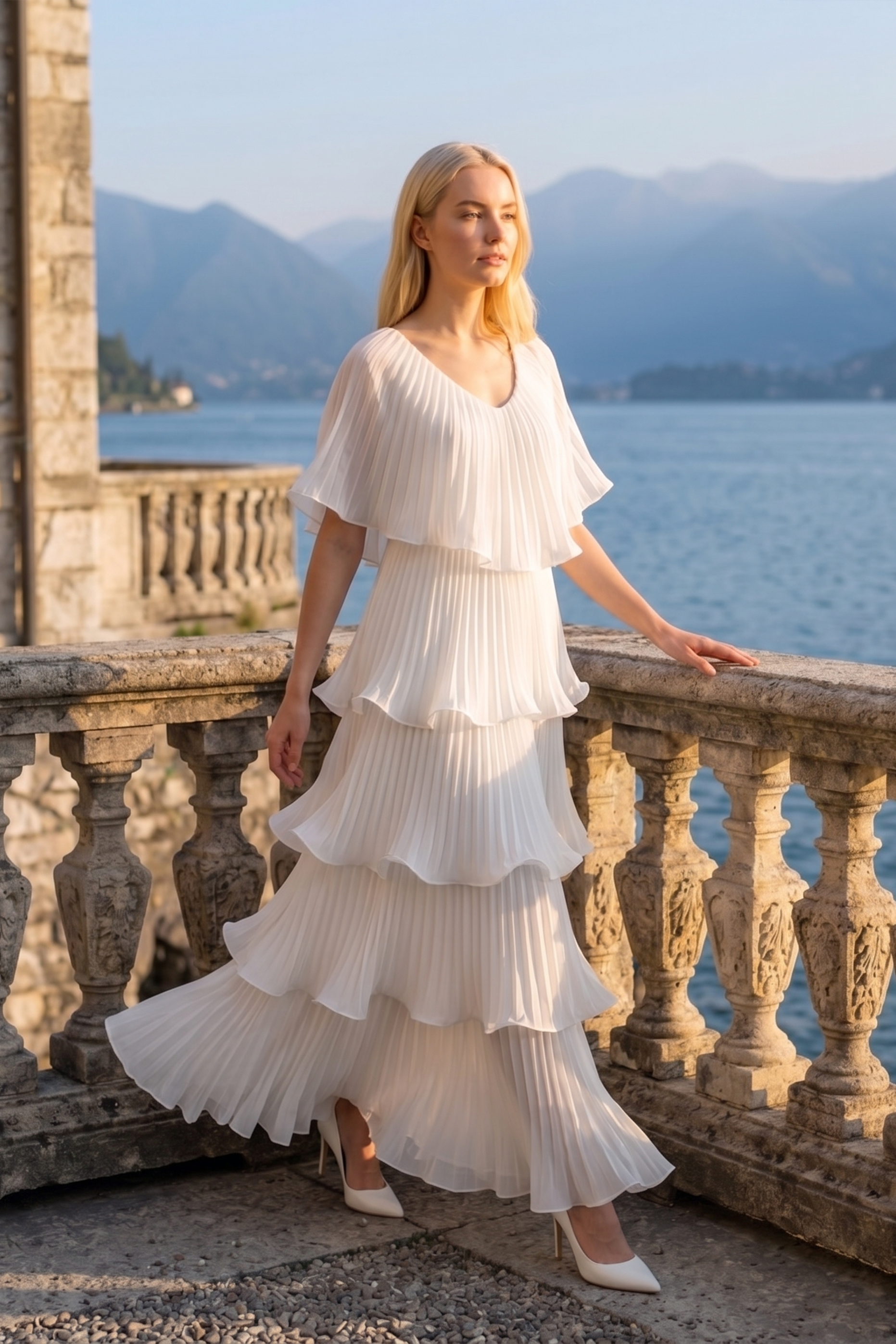 Limsa Club Astra V-Neck Pleated Evening Gown in Bone — side view