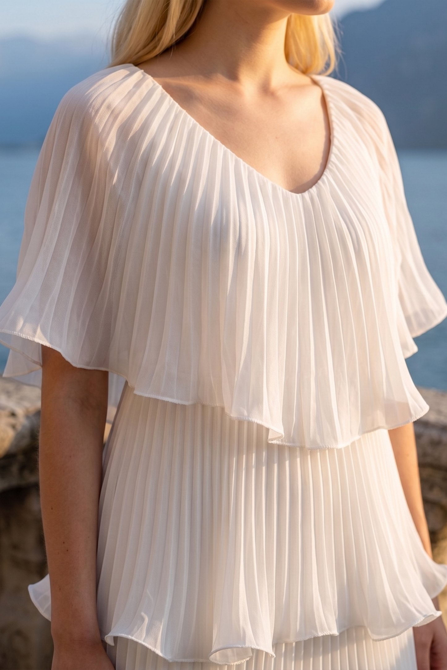 Limsa Club Astra V-Neck Pleated Evening Gown in Bone — full-length view