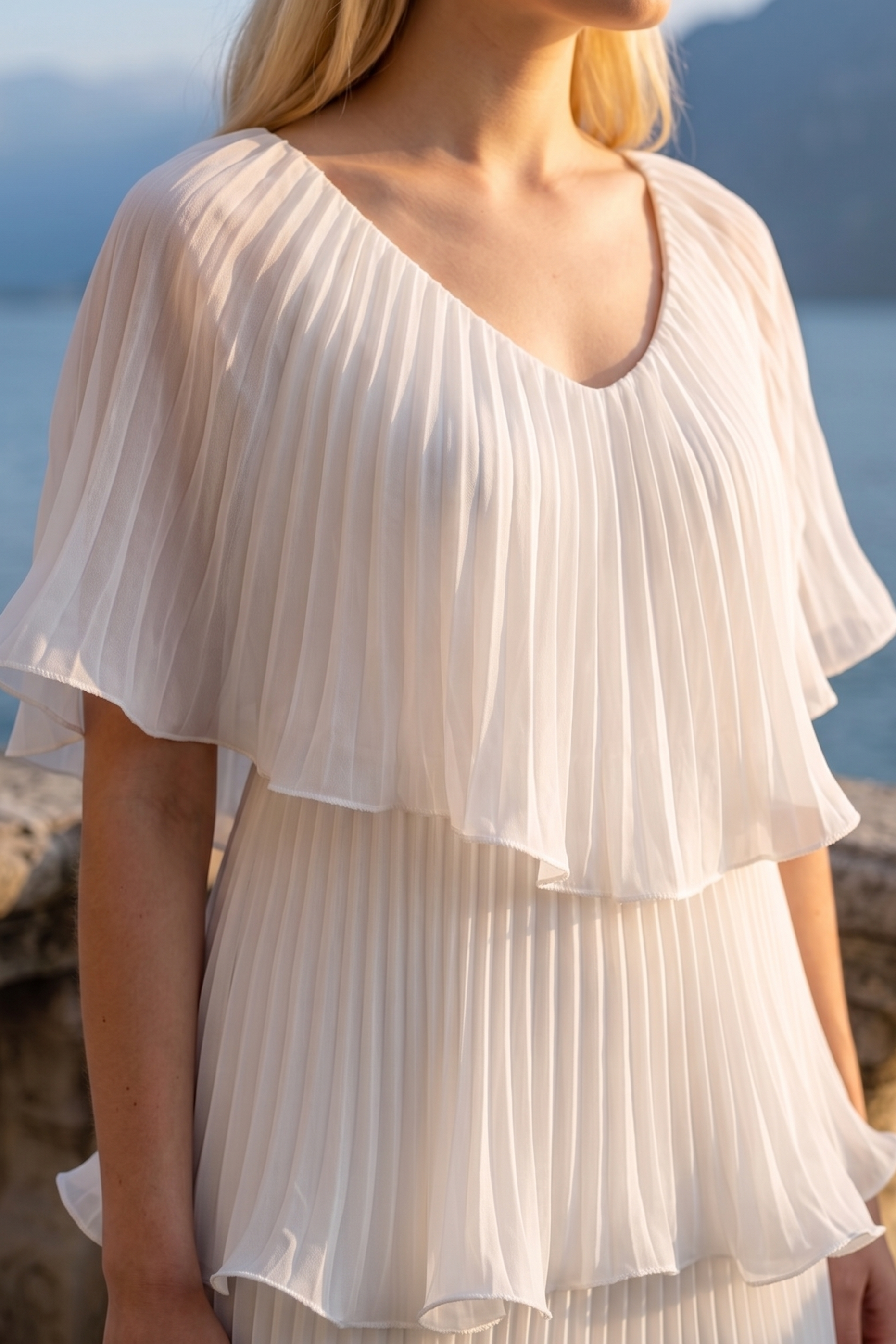 Limsa Club Astra V-Neck Pleated Evening Gown in Bone — full-length view