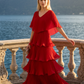 Limsa Club Astra V-Neck Pleated Evening Gown in Red — front view