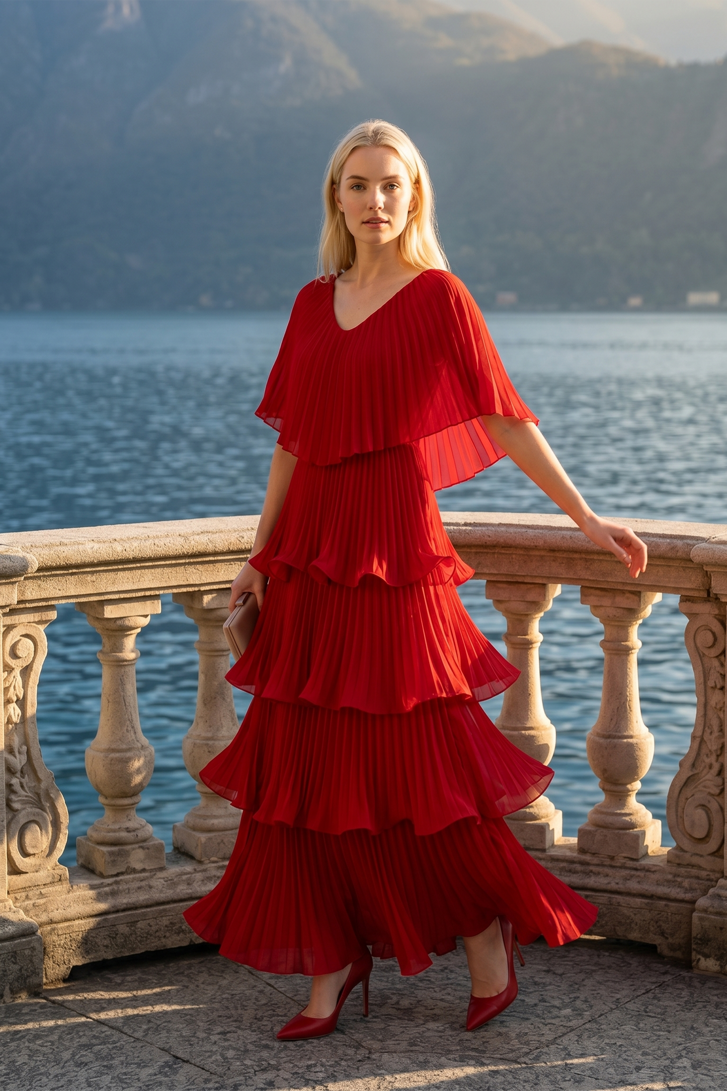 Limsa Club Astra V-Neck Pleated Evening Gown in Red — front view