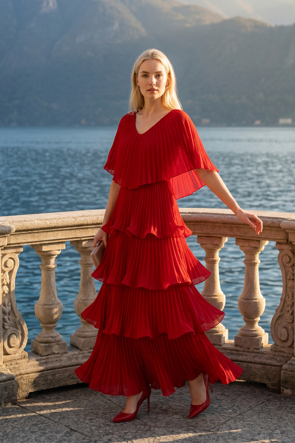 Astra V-Neck Tiered Pleated Long Chiffon Evening Gown