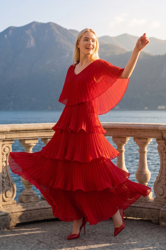 Limsa Club Astra V-Neck Pleated Evening Gown in Red — side view