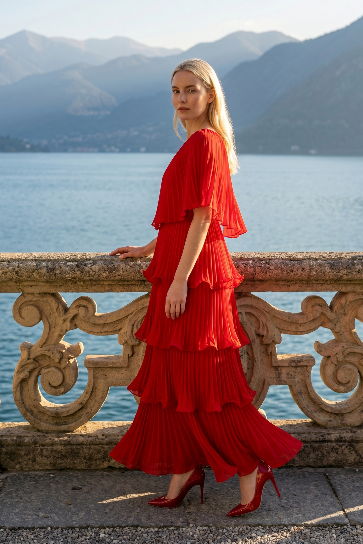 Limsa Club Astra V-Neck Pleated Evening Gown in Red — back view