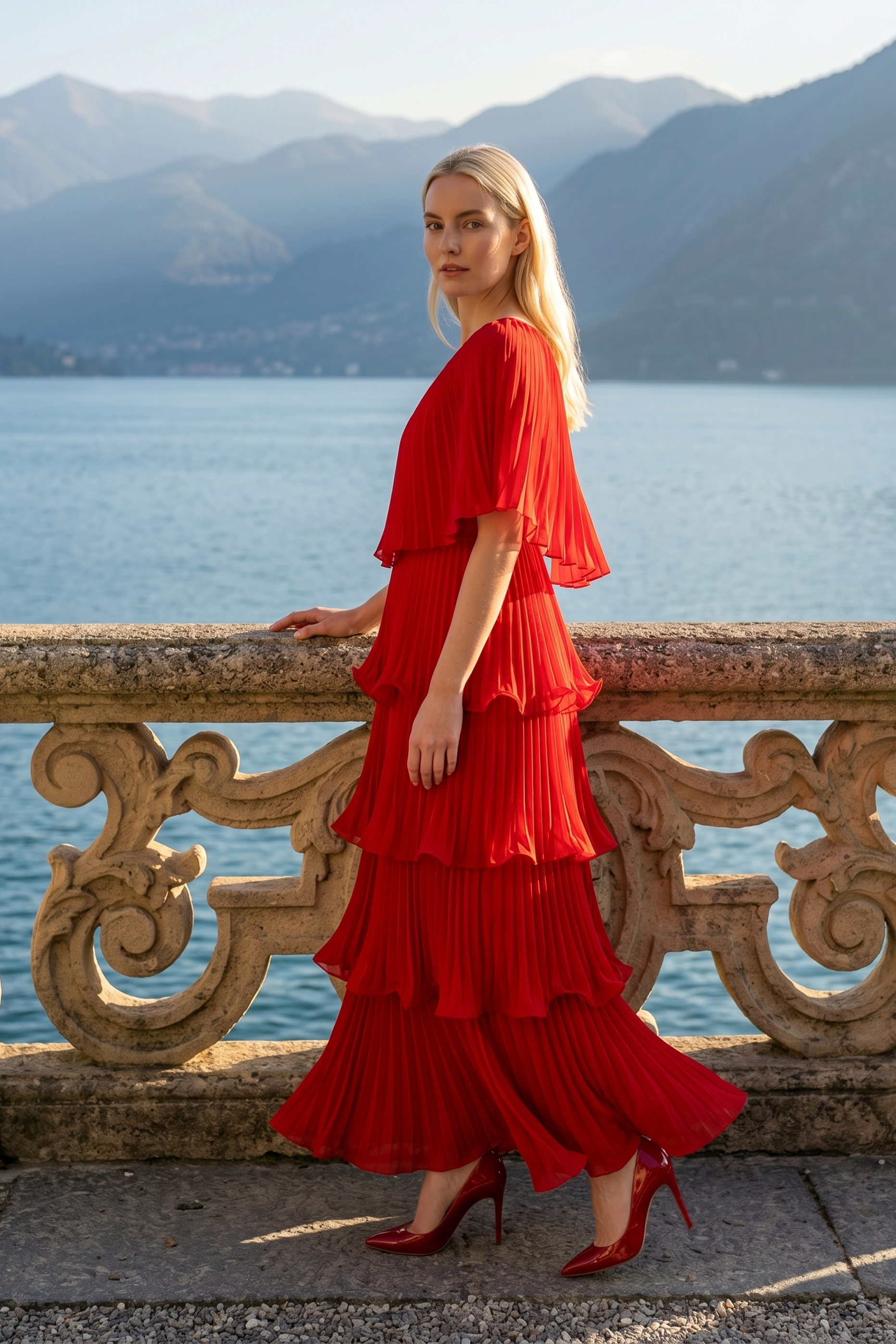 Limsa Club Astra V-Neck Pleated Evening Gown in Red — back view