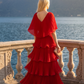 Limsa Club Astra V-Neck Pleated Evening Gown in Red — detail view