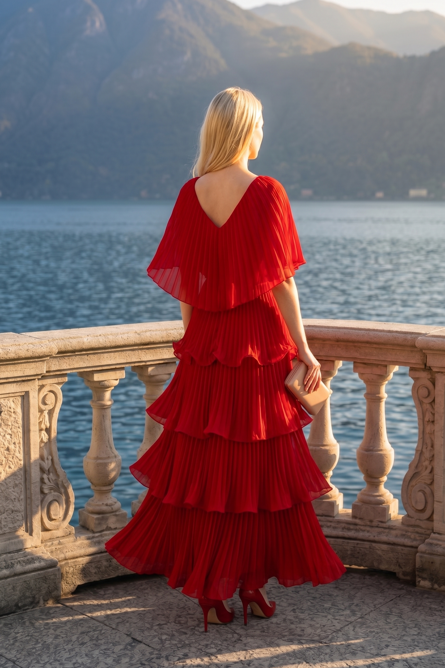 Limsa Club Astra V-Neck Pleated Evening Gown in Red — detail view