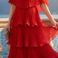 Limsa Club Astra V-Neck Pleated Evening Gown in Red — full-length view