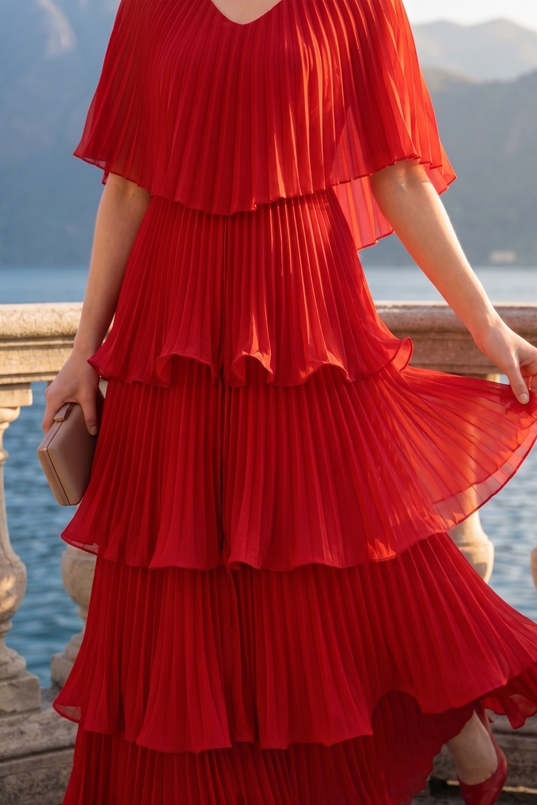 Limsa Club Astra V-Neck Pleated Evening Gown in Red — full-length view