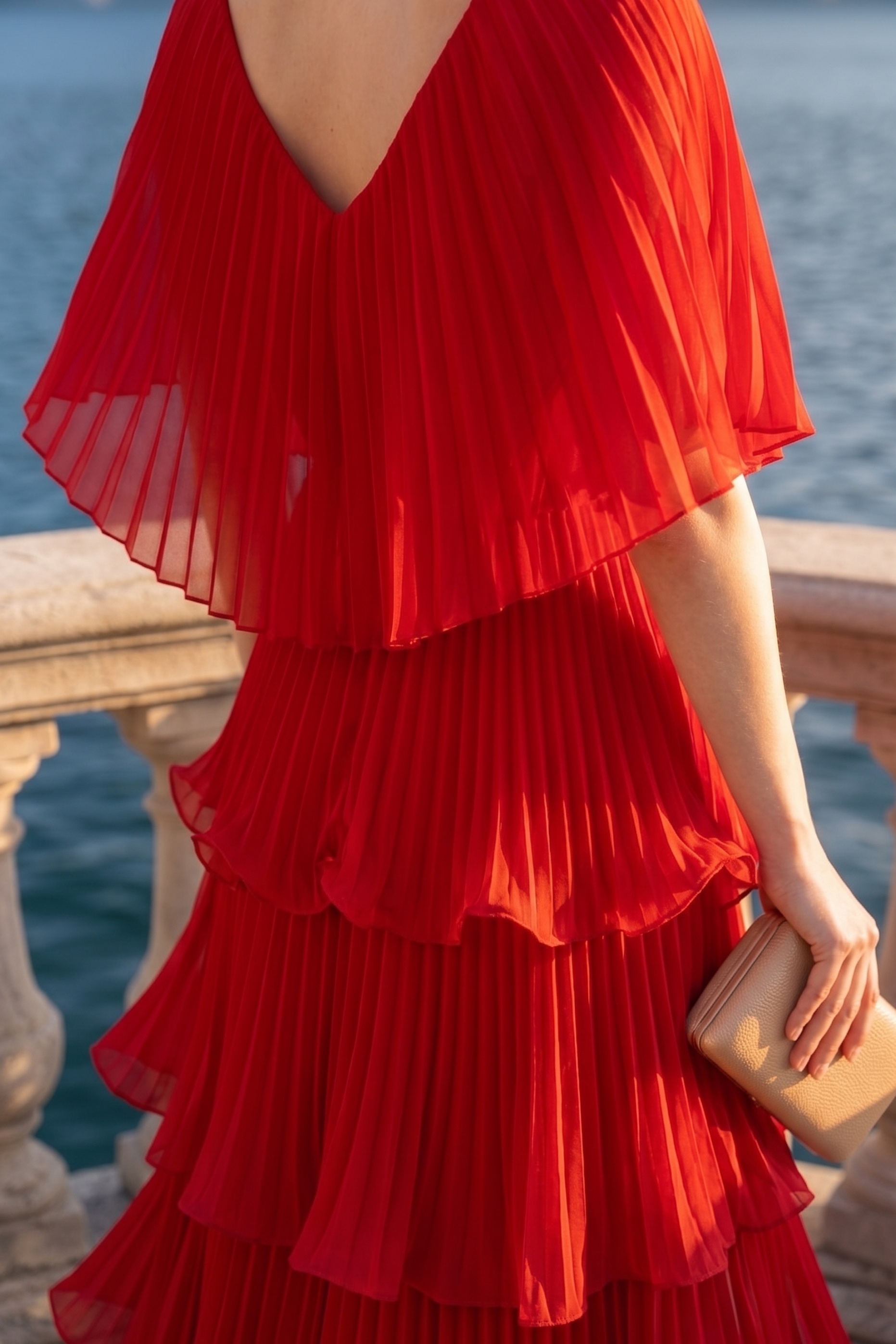 Limsa Club Astra V-Neck Pleated Evening Gown in Red — close-up detail