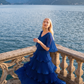 Limsa Club Astra V-Neck Pleated Evening Gown in Sax Blue — side view