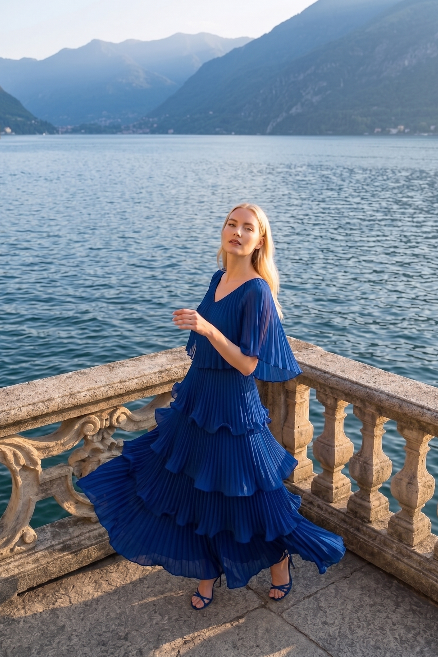 Limsa Club Astra V-Neck Pleated Evening Gown in Sax Blue — side view