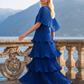Limsa Club Astra V-Neck Pleated Evening Gown in Sax Blue — back view