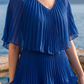 Limsa Club Astra V-Neck Pleated Evening Gown in Sax Blue — full-length view