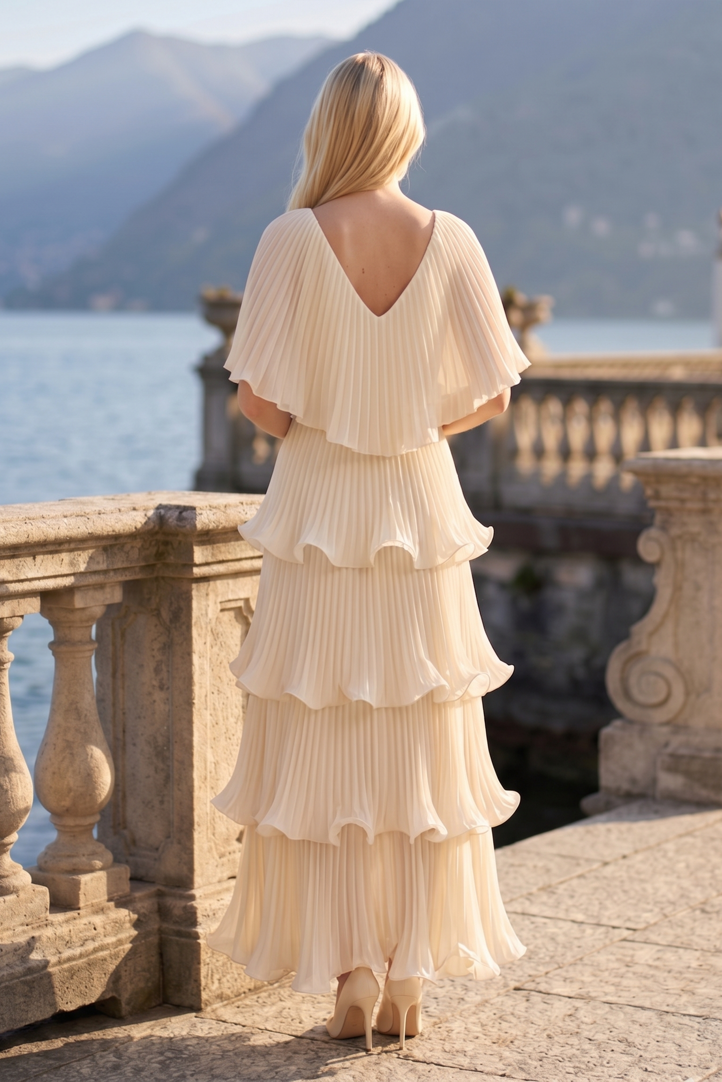 Limsa Club Astra V-Neck Pleated Evening Gown in Mink — detail view