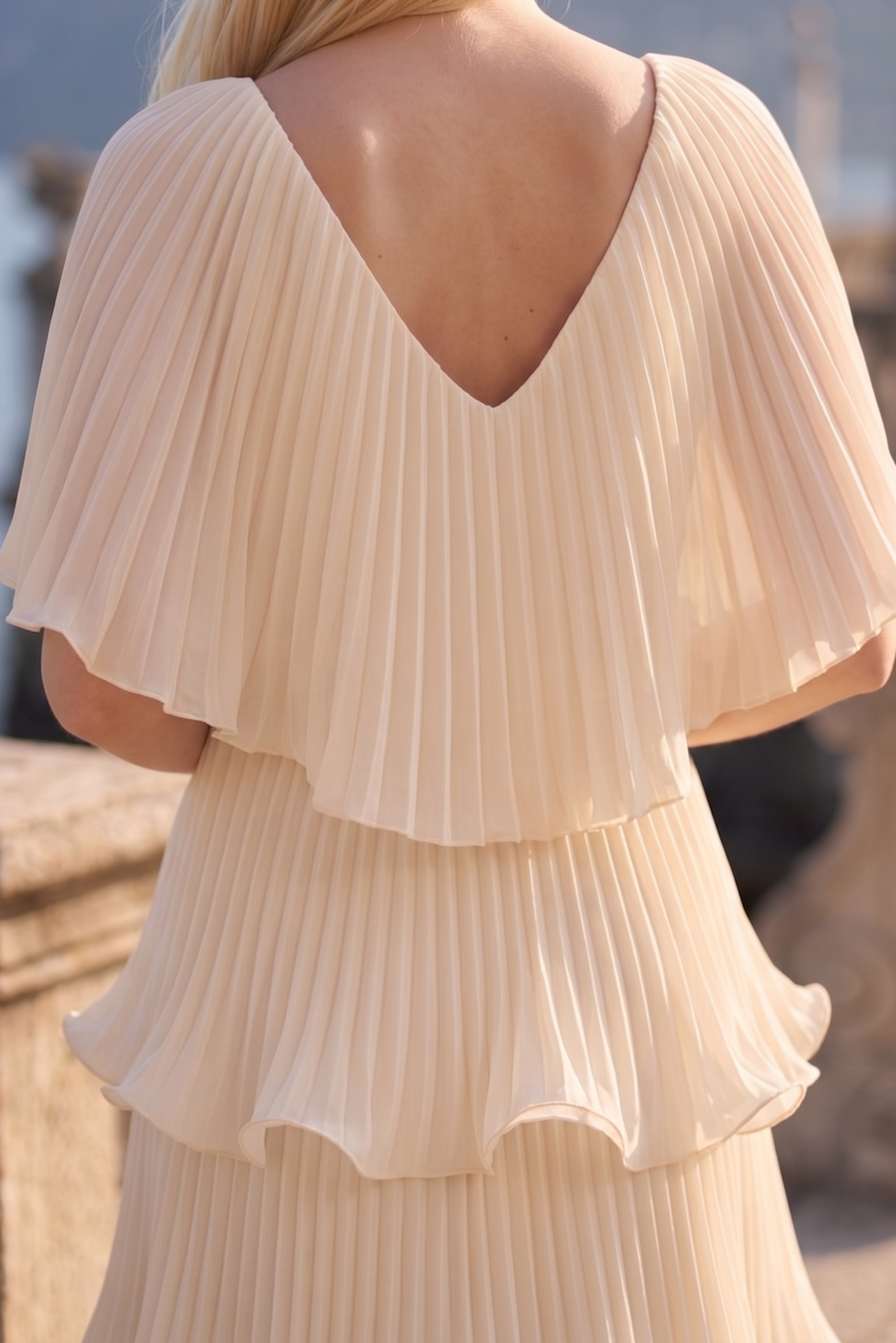 Limsa Club Astra V-Neck Pleated Evening Gown in Mink — close-up detail