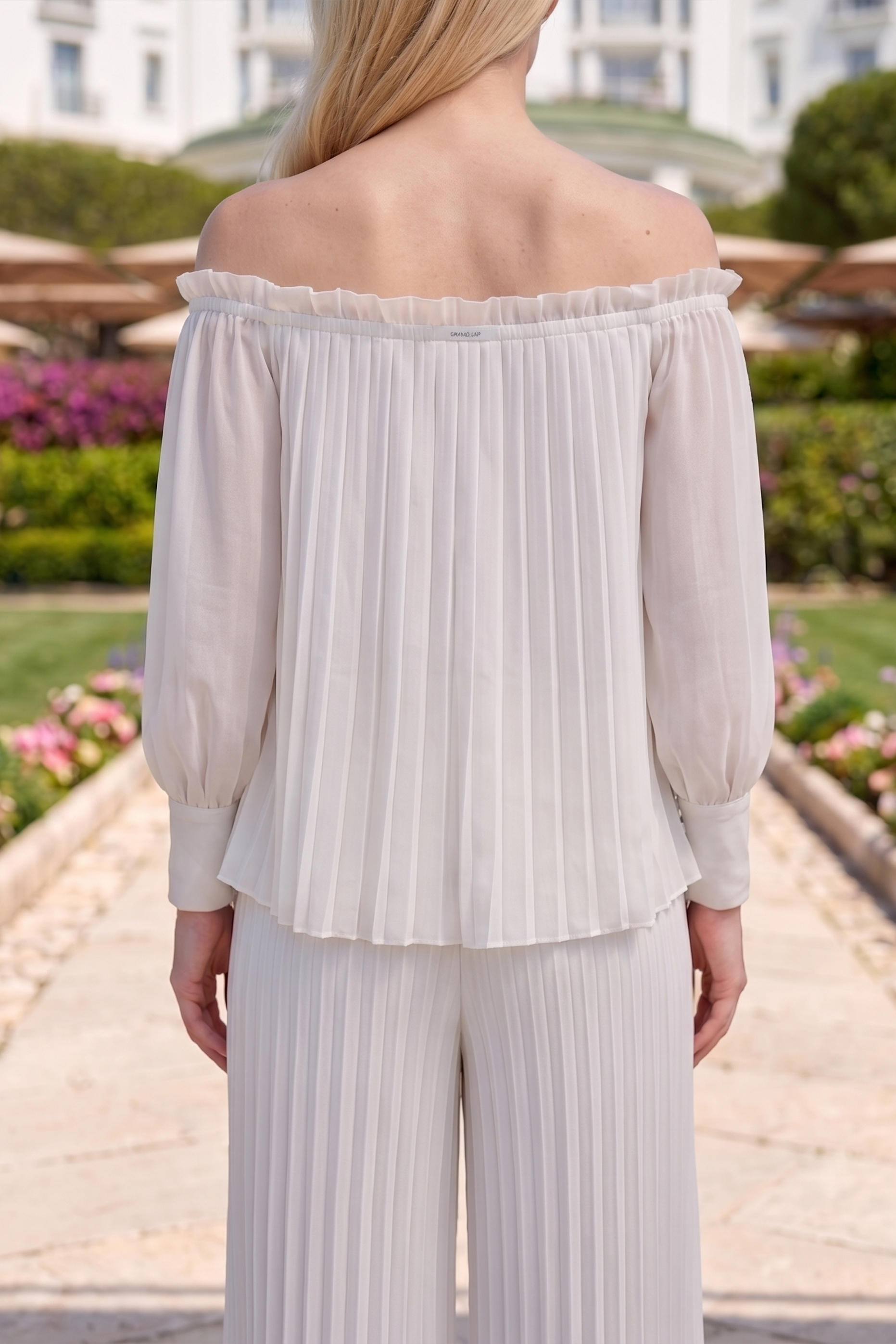 Limsa Club Carmina Off-Shoulder Palazzo Jumpsuit in Bone — close-up detail