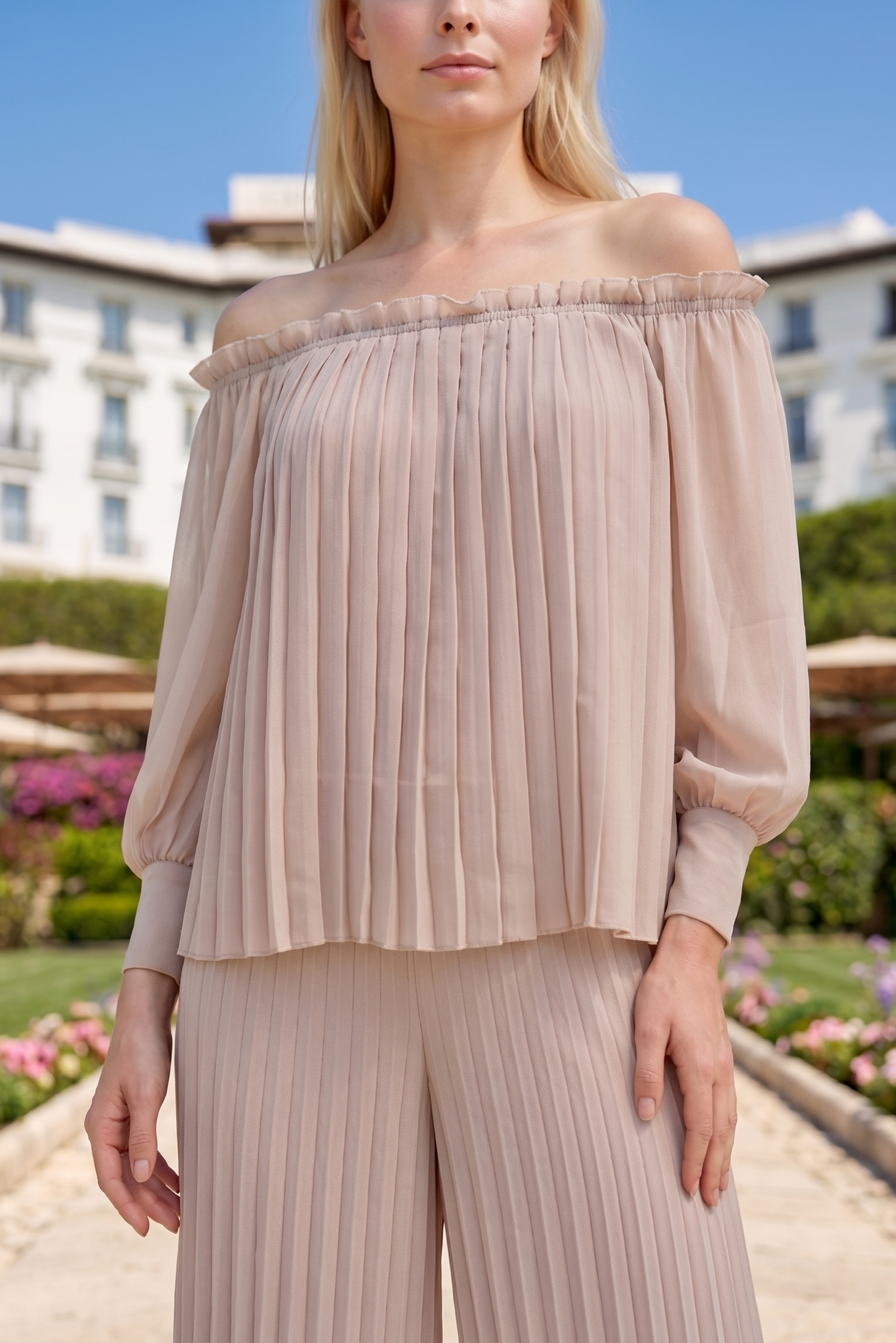 Limsa Club Carmina Off-Shoulder Palazzo Jumpsuit in Mink — full-length view
