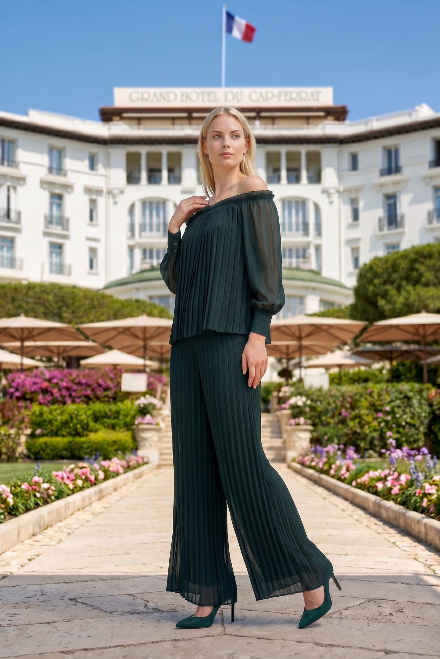 Limsa Club Carmina Off-Shoulder Palazzo Jumpsuit in Green — side view