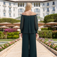 Limsa Club Carmina Off-Shoulder Palazzo Jumpsuit in Green — detail view