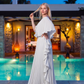 Limsa Club Vespera Off-Shoulder Pleated Cape Evening Dress in Bone - view 2