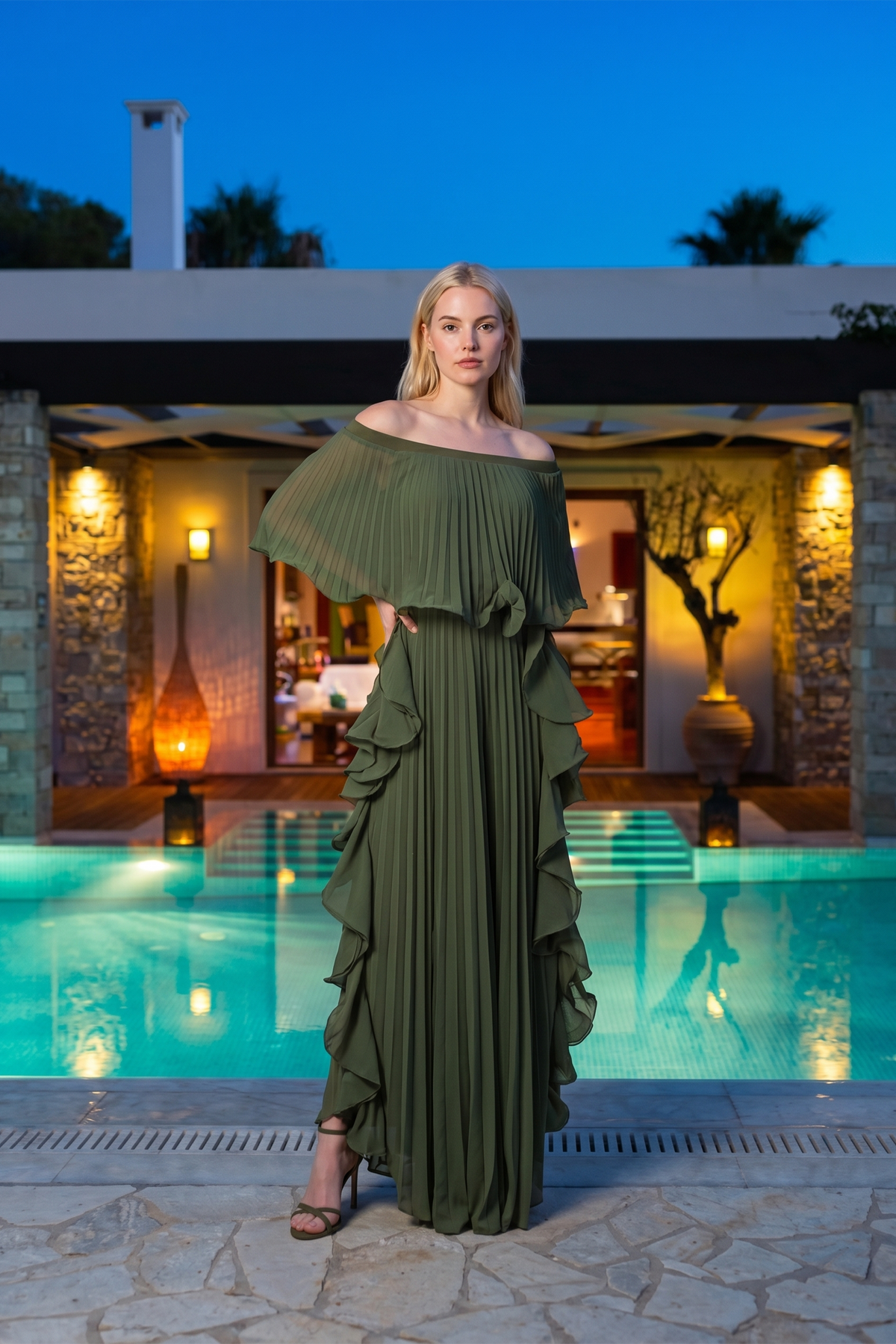 Limsa Club Vespera Off-Shoulder Pleated Cape Evening Dress in Green - view 1