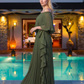 Limsa Club Vespera Off-Shoulder Pleated Cape Evening Dress in Green - view 2