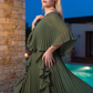 Limsa Club Vespera Off-Shoulder Pleated Cape Evening Dress in Green - view 3