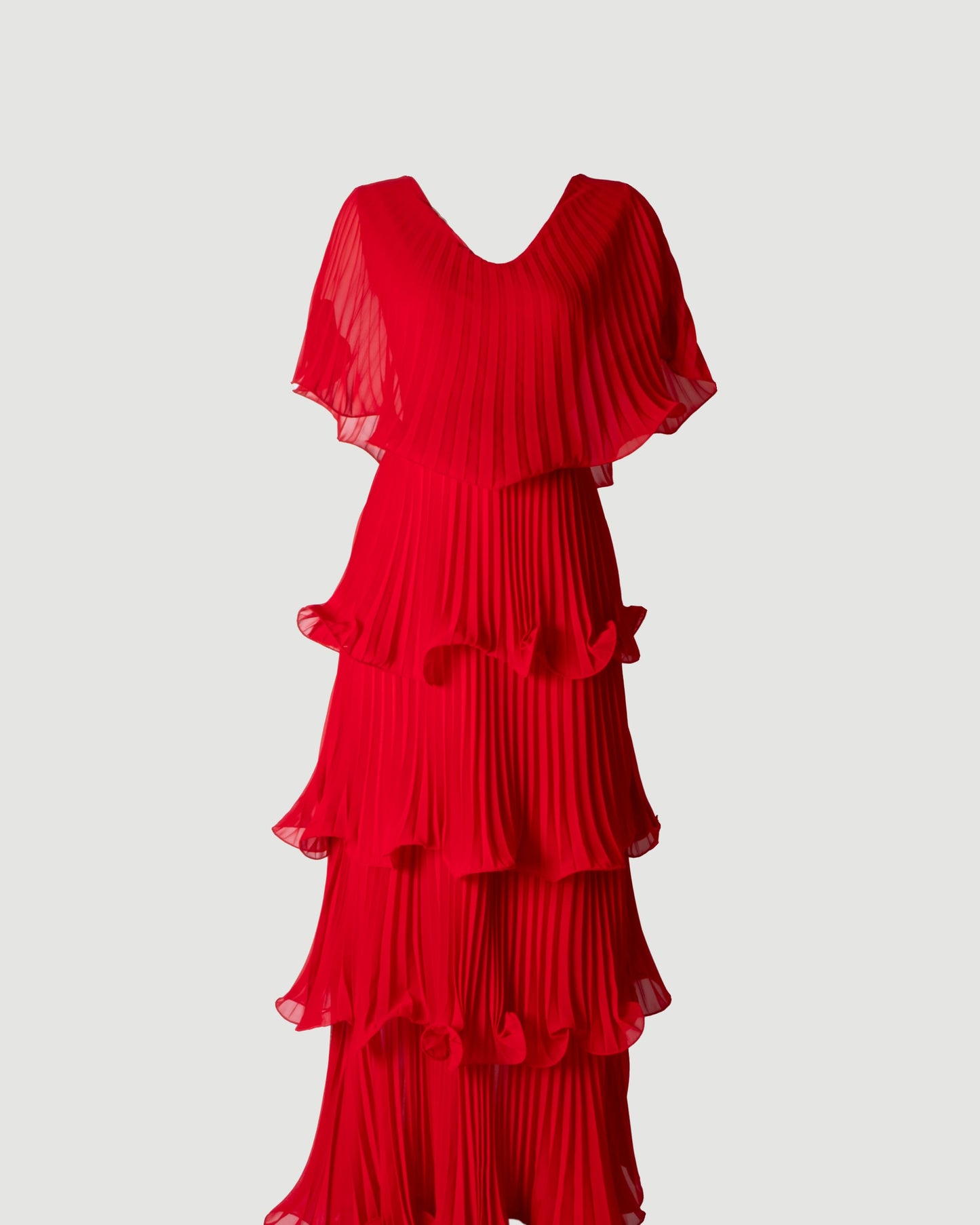 Limsa Club Astra V-Neck Pleated Evening Gown in Red — front view