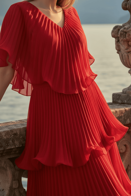 Astra V - Neck Tiered Pleated Long Chiffon Evening Gown - Limsa ClubAstra V - Neck Tiered Pleated Long Chiffon Evening GownDressLimsa ClubLimsa Club24Y04040076624Y040400766-36-2RedClose - up view of Astra red tiered pleated chiffon maxi dress with V - neck and flowing layers, Limsa Club36