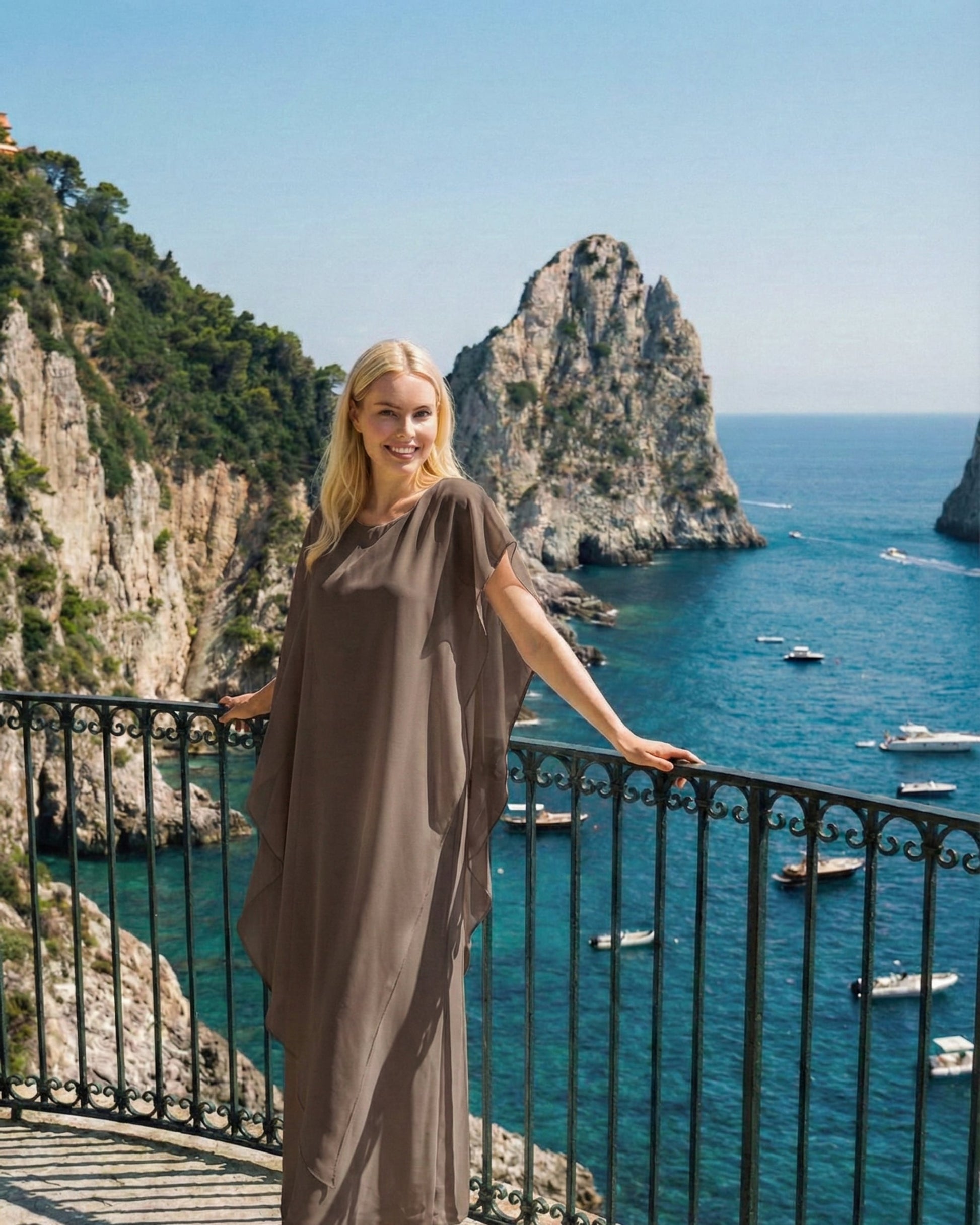 Limsa Club Celeste Kaftan Maxi Chiffon Dress in Brown — front view
