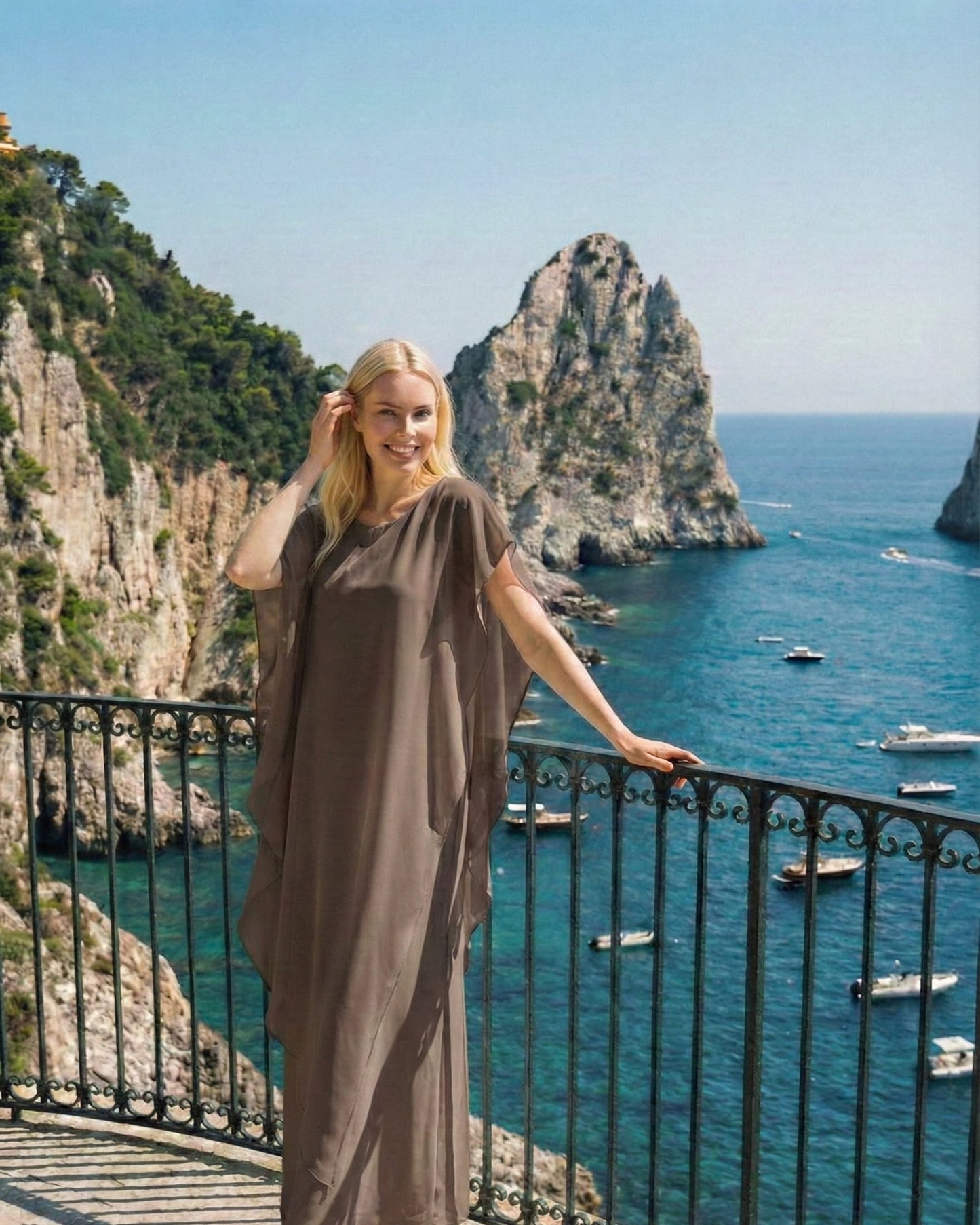Limsa Club Celeste Kaftan Maxi Chiffon Dress in Brown — back view