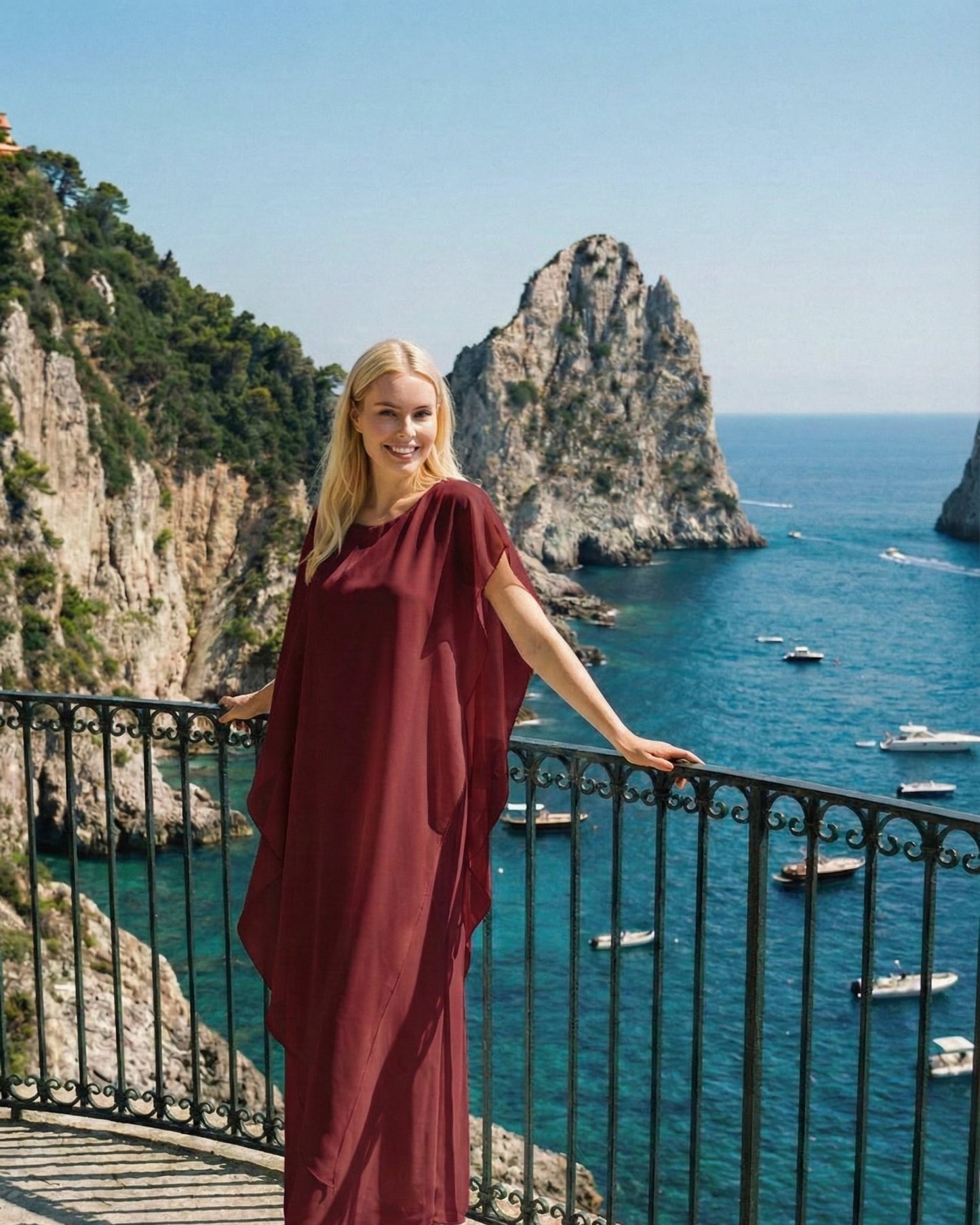 Limsa Club Celeste Kaftan Maxi Chiffon Dress in Burgundy — front view