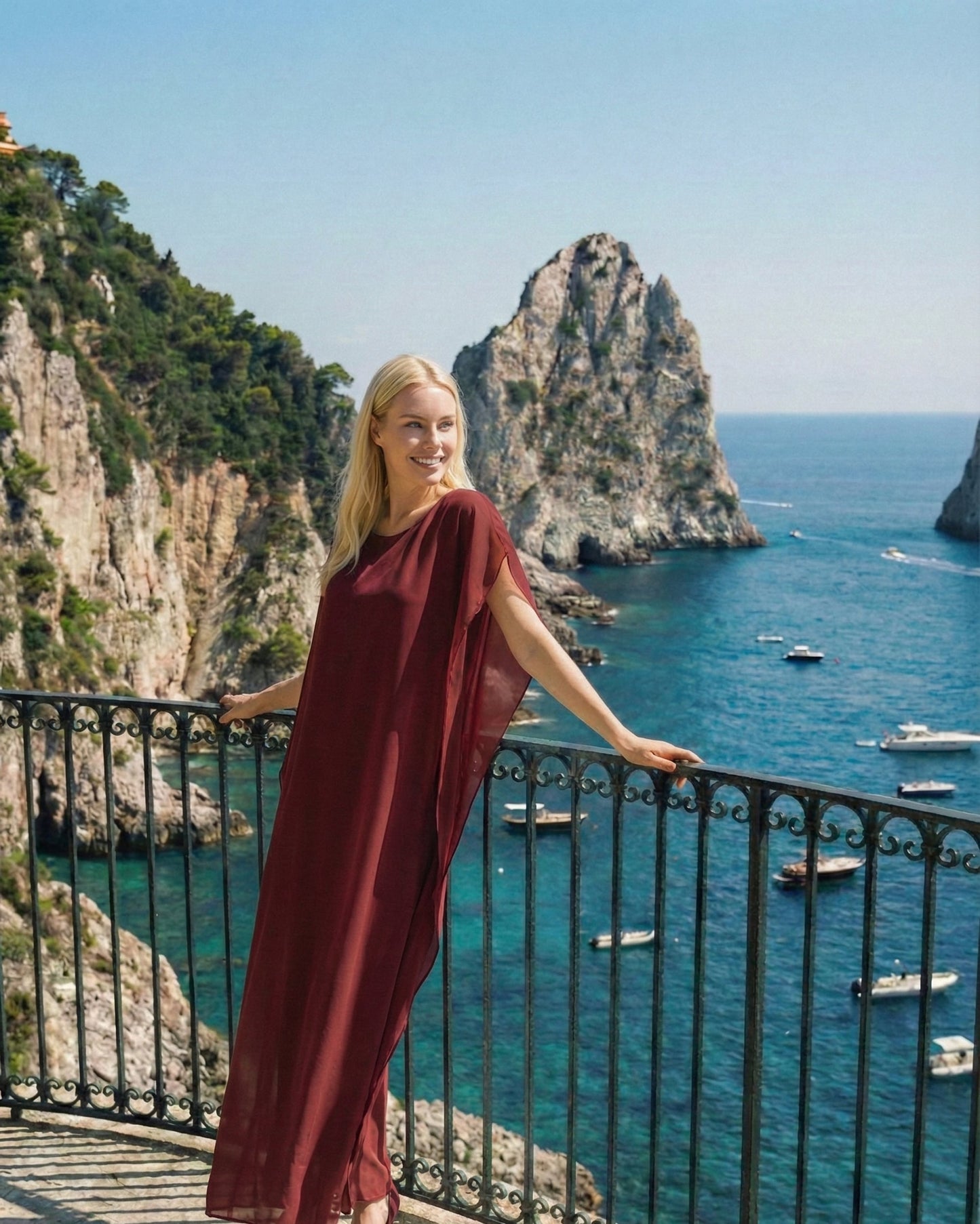 Limsa Club Celeste Kaftan Maxi Chiffon Dress in Burgundy — side view