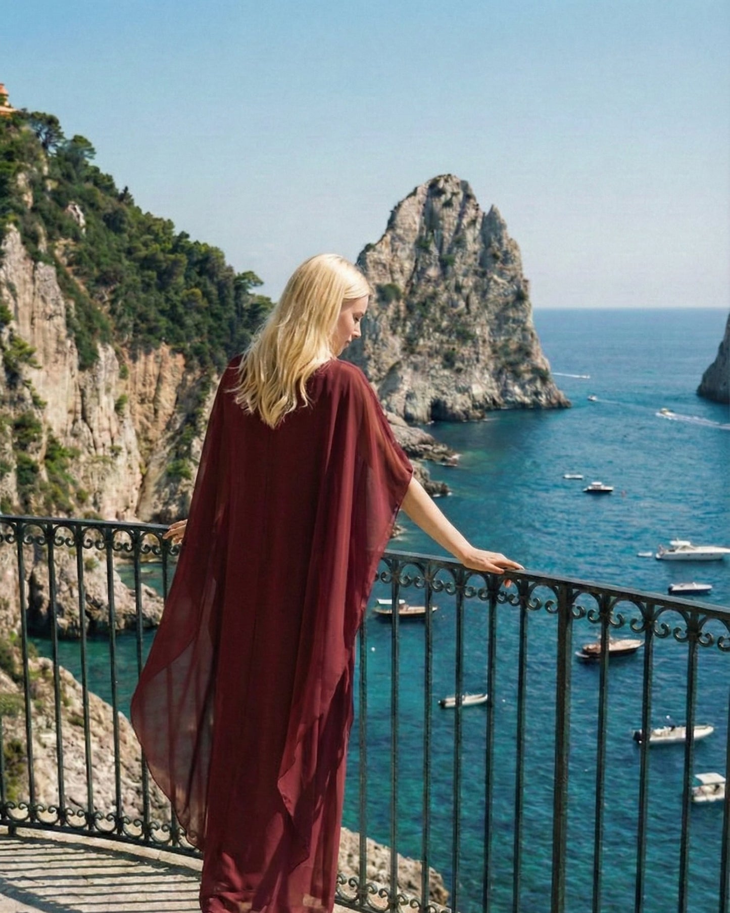 Limsa Club Celeste Kaftan Maxi Chiffon Dress in Burgundy — detail view