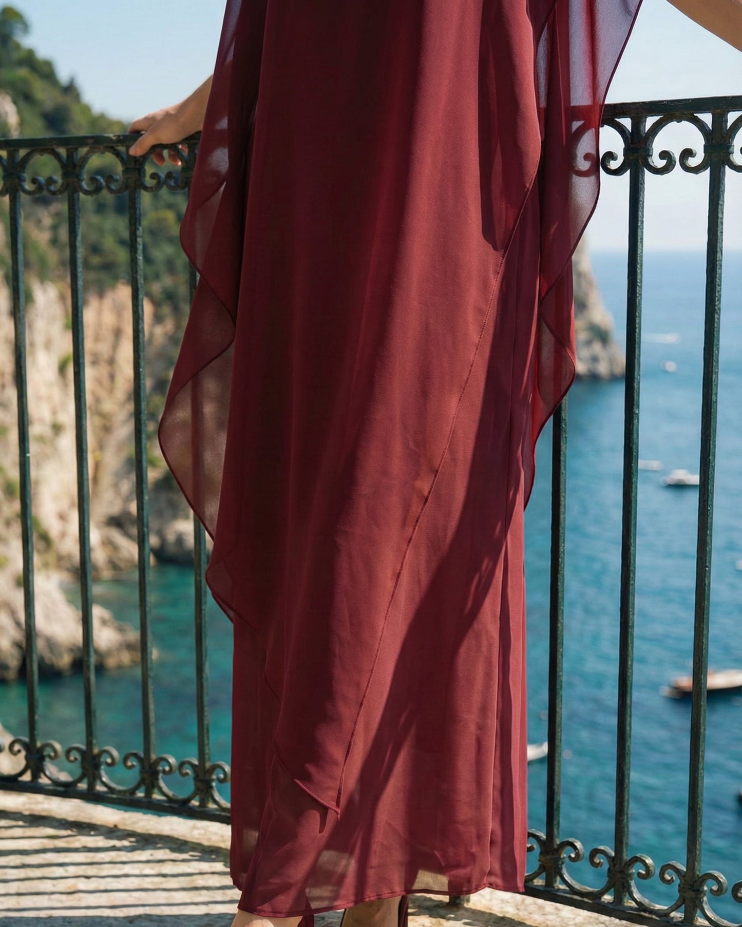 Limsa Club Celeste Kaftan Maxi Chiffon Dress in Burgundy — full-length view