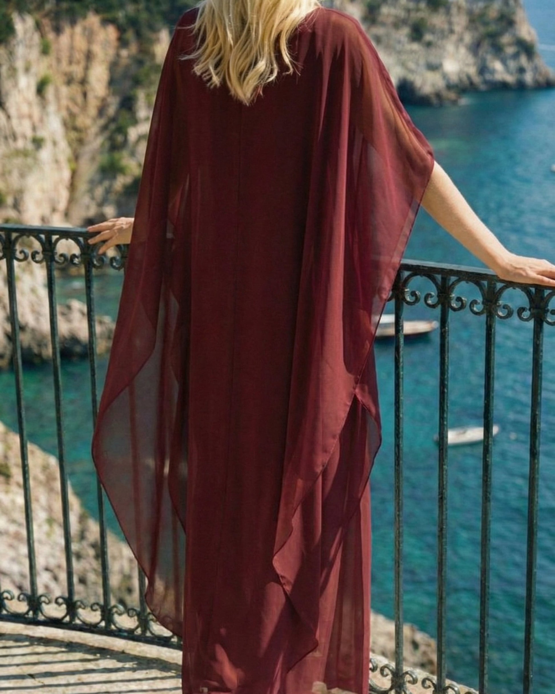 Limsa Club Celeste Kaftan Maxi Chiffon Dress in Burgundy — close-up detail