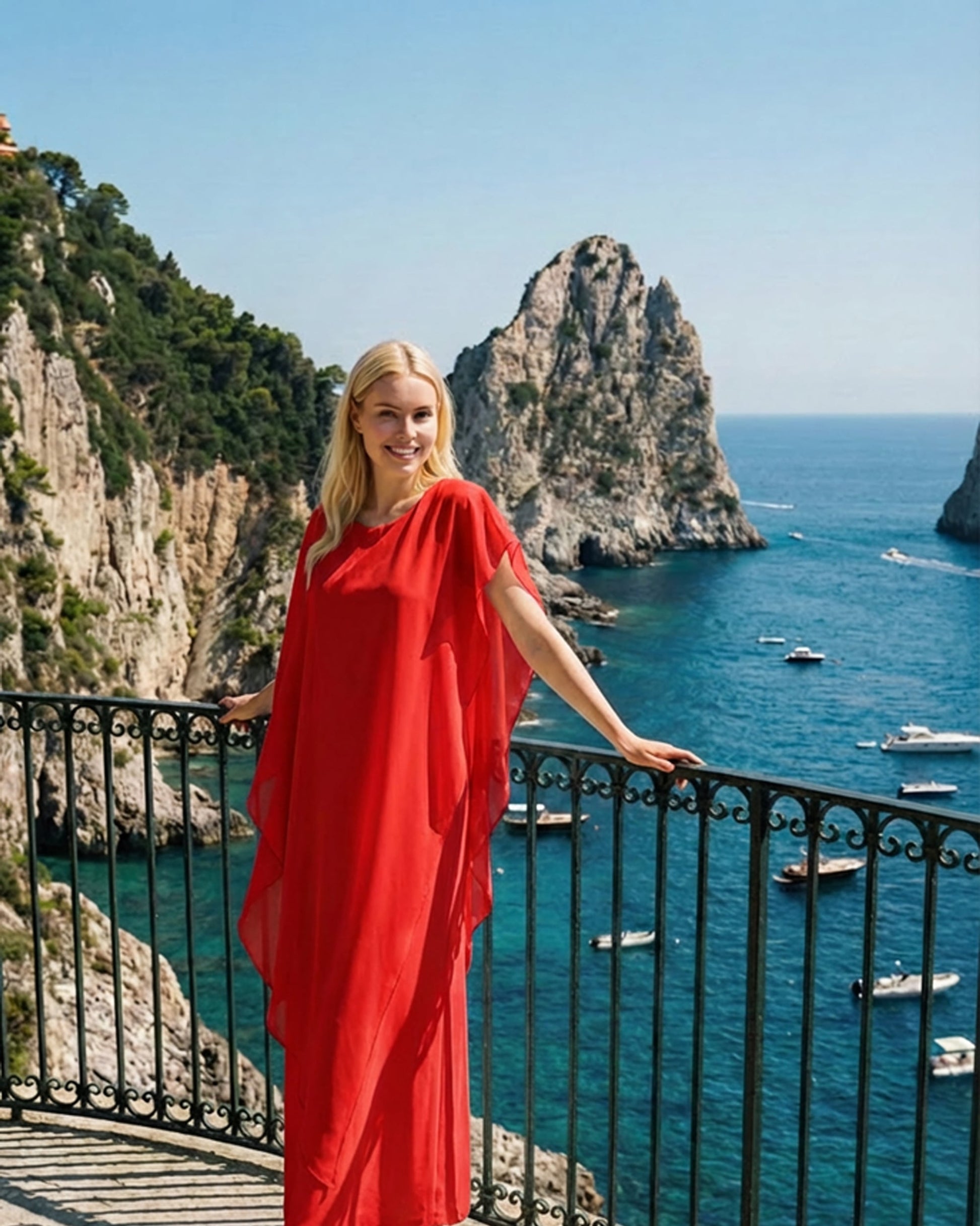 Limsa Club Celeste Kaftan Maxi Chiffon Dress in Red — front view