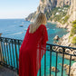 Limsa Club Celeste Kaftan Maxi Chiffon Dress in Red — detail view