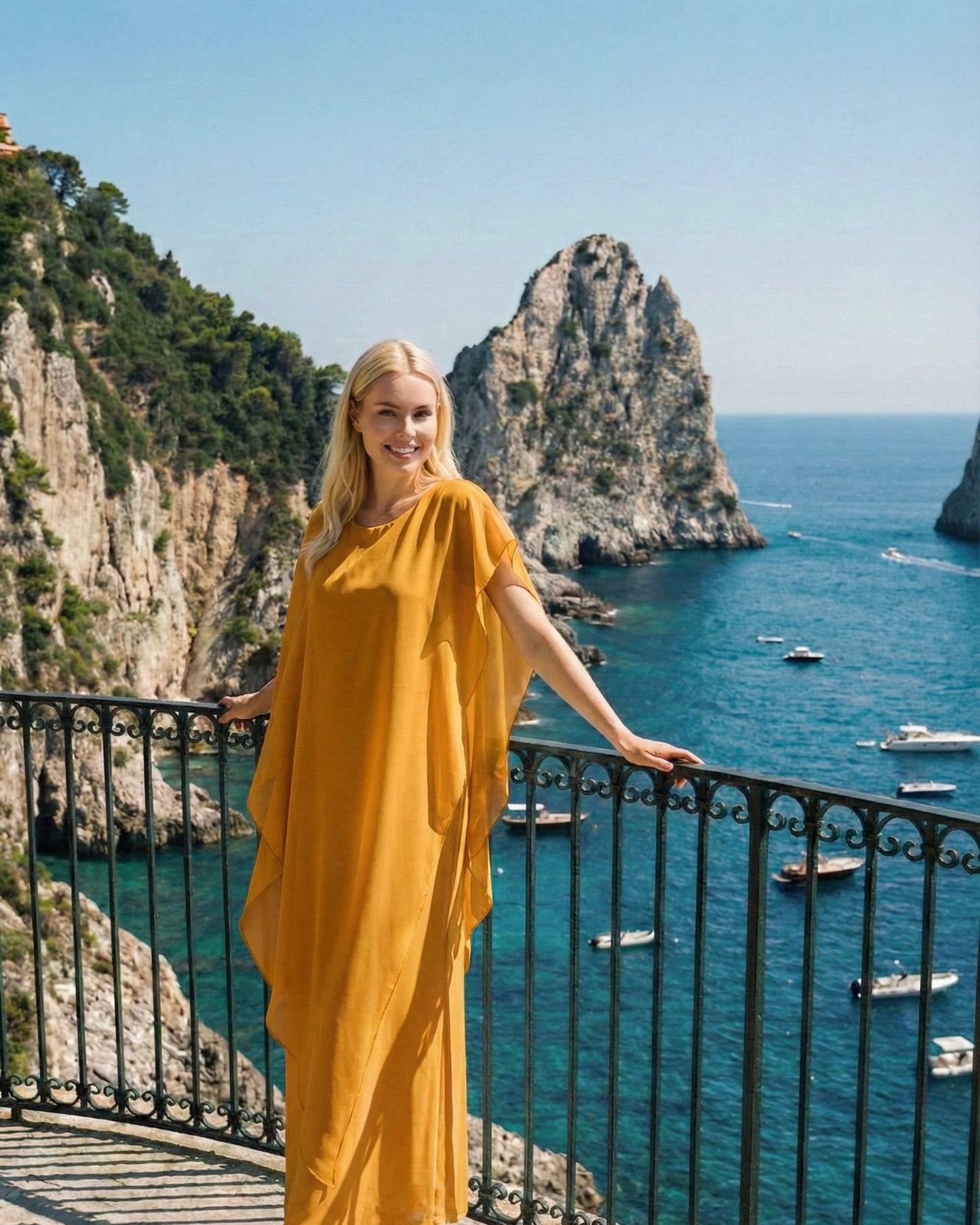 Limsa Club Celeste Kaftan Maxi Chiffon Dress in Yellow — full-length view