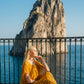 Limsa Club Celeste Kaftan Maxi Chiffon Dress in Yellow — close-up detail